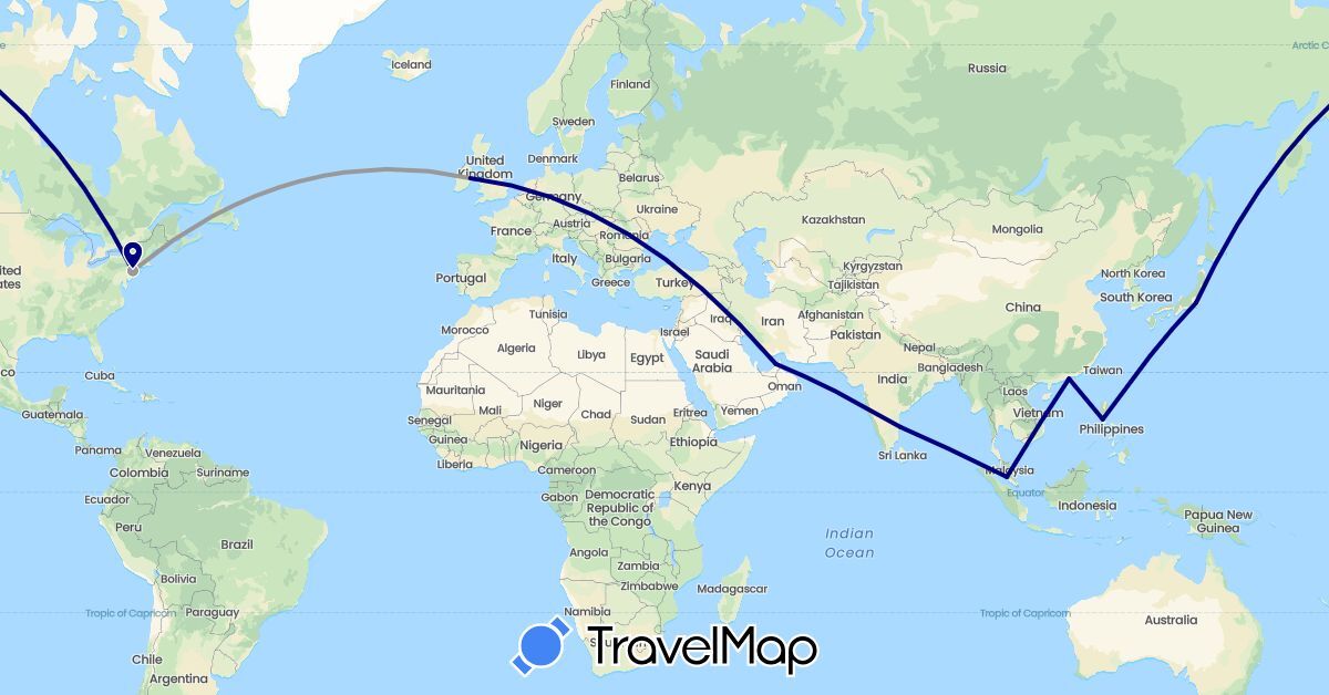 TravelMap itinerary: driving, plane in United Arab Emirates, China, Ireland, India, Japan, Malaysia, Philippines, United States (Asia, Europe, North America)