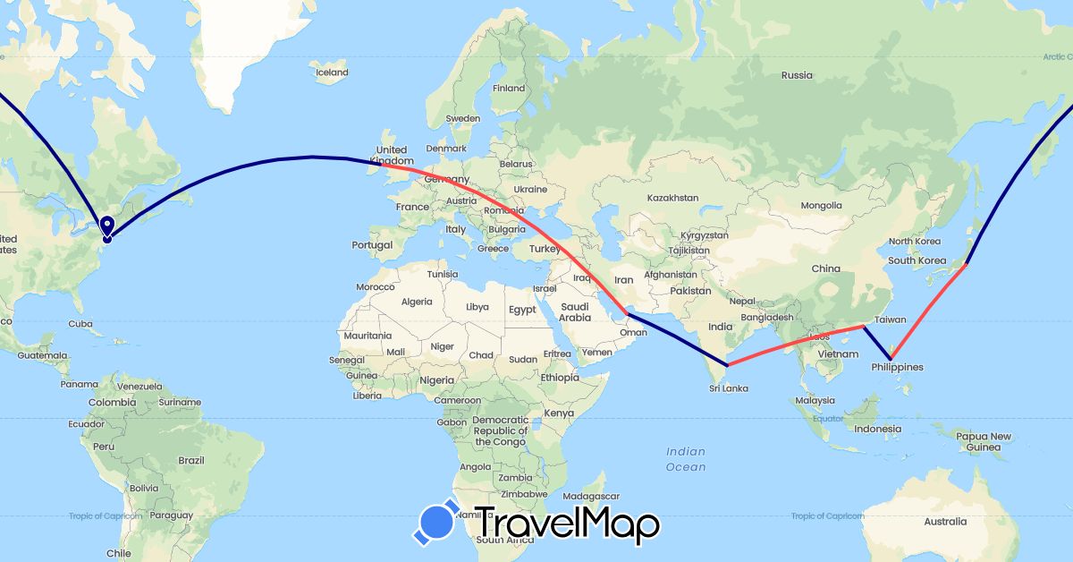 TravelMap itinerary: driving, hiking in United Arab Emirates, China, Ireland, India, Japan, Philippines, United States (Asia, Europe, North America)